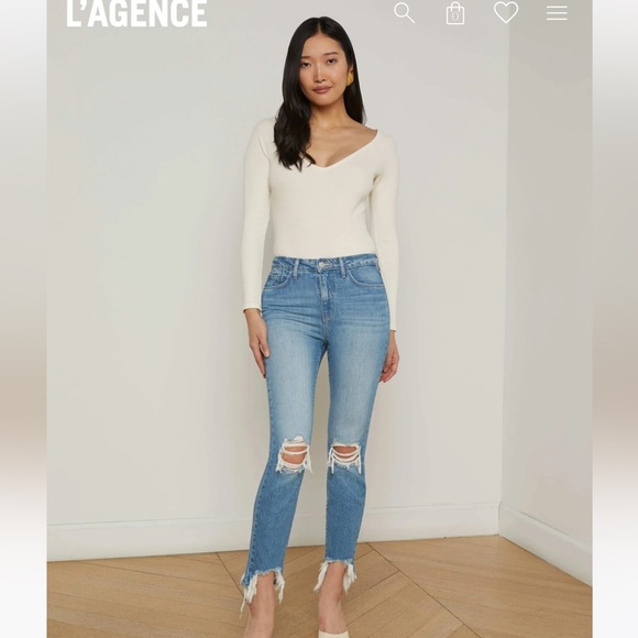 L'AGENCE Denim - L’AGENCE High Rise Distressed Cotton Skinny Jeans | Size 28